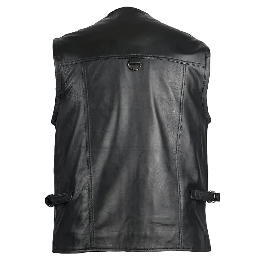Mens Black V-Neck Leather Hunting Vest