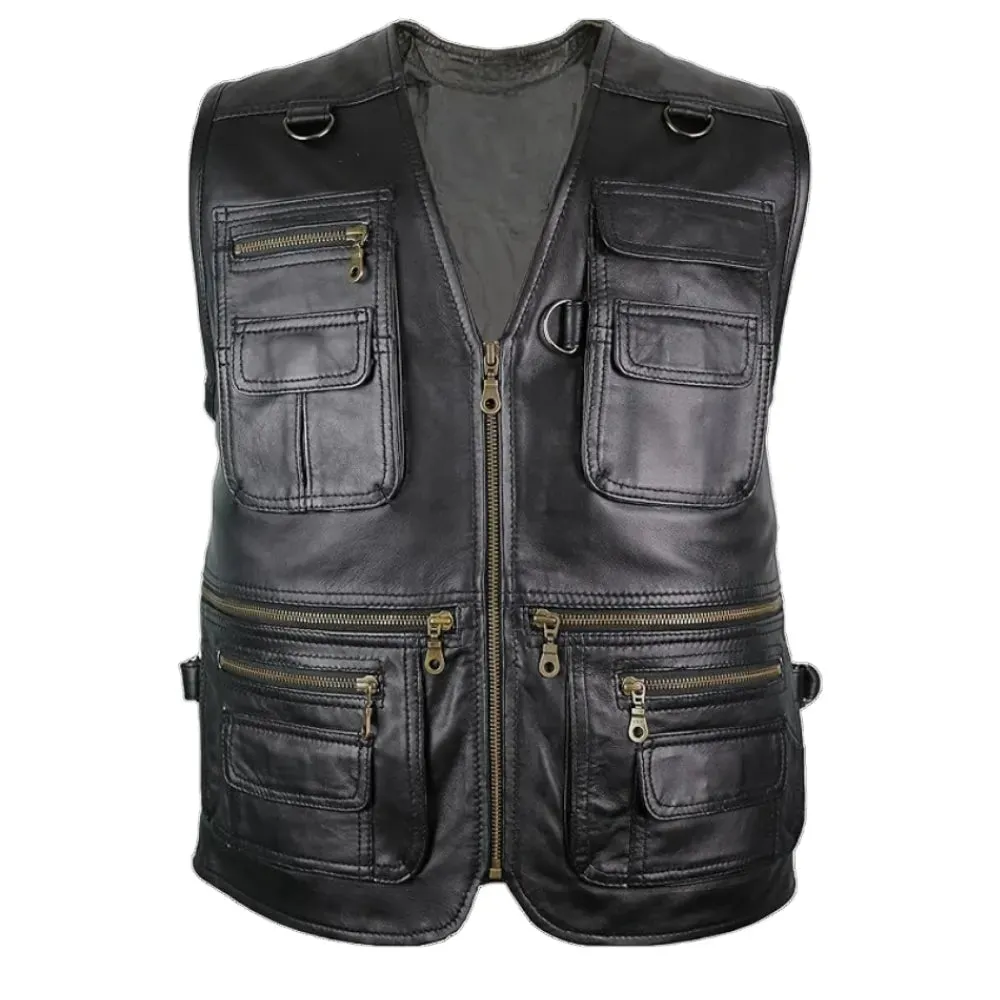 Mens Black V-Neck Leather Hunting Vest