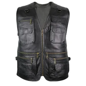 Mens Black V-Neck Leather Hunting Vest