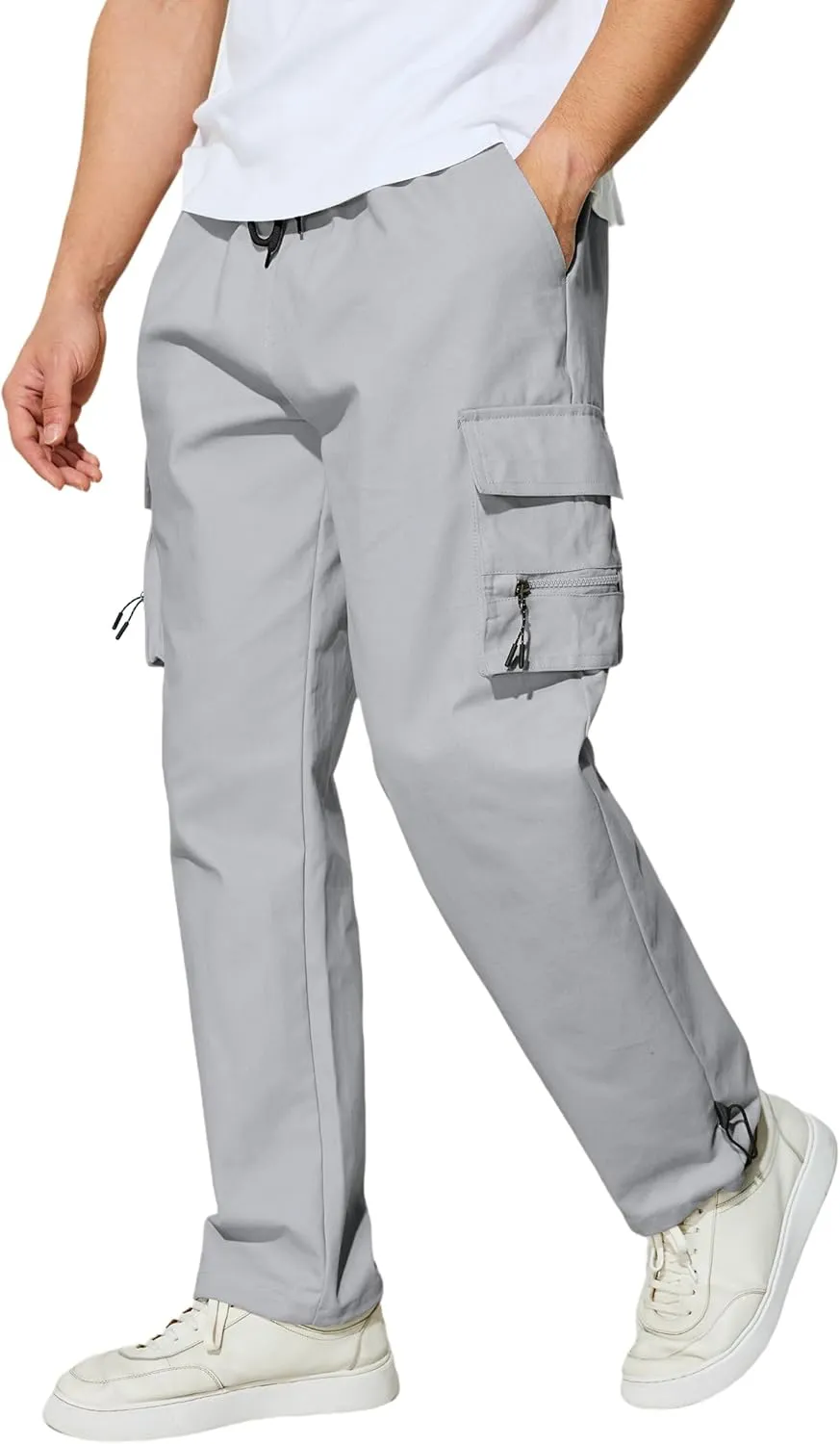 Men's Cargo Pants with Pockets Cotton Outdoor Elastic Waist Hiking Pants Casual Baggy Jogger Sweatpants