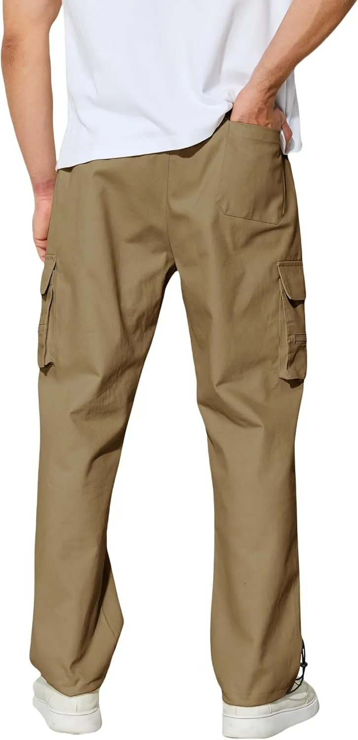 Men's Cargo Pants with Pockets Cotton Outdoor Elastic Waist Hiking Pants Casual Baggy Jogger Sweatpants
