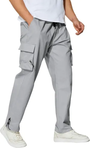 Men's Cargo Pants with Pockets Cotton Outdoor Elastic Waist Hiking Pants Casual Baggy Jogger Sweatpants