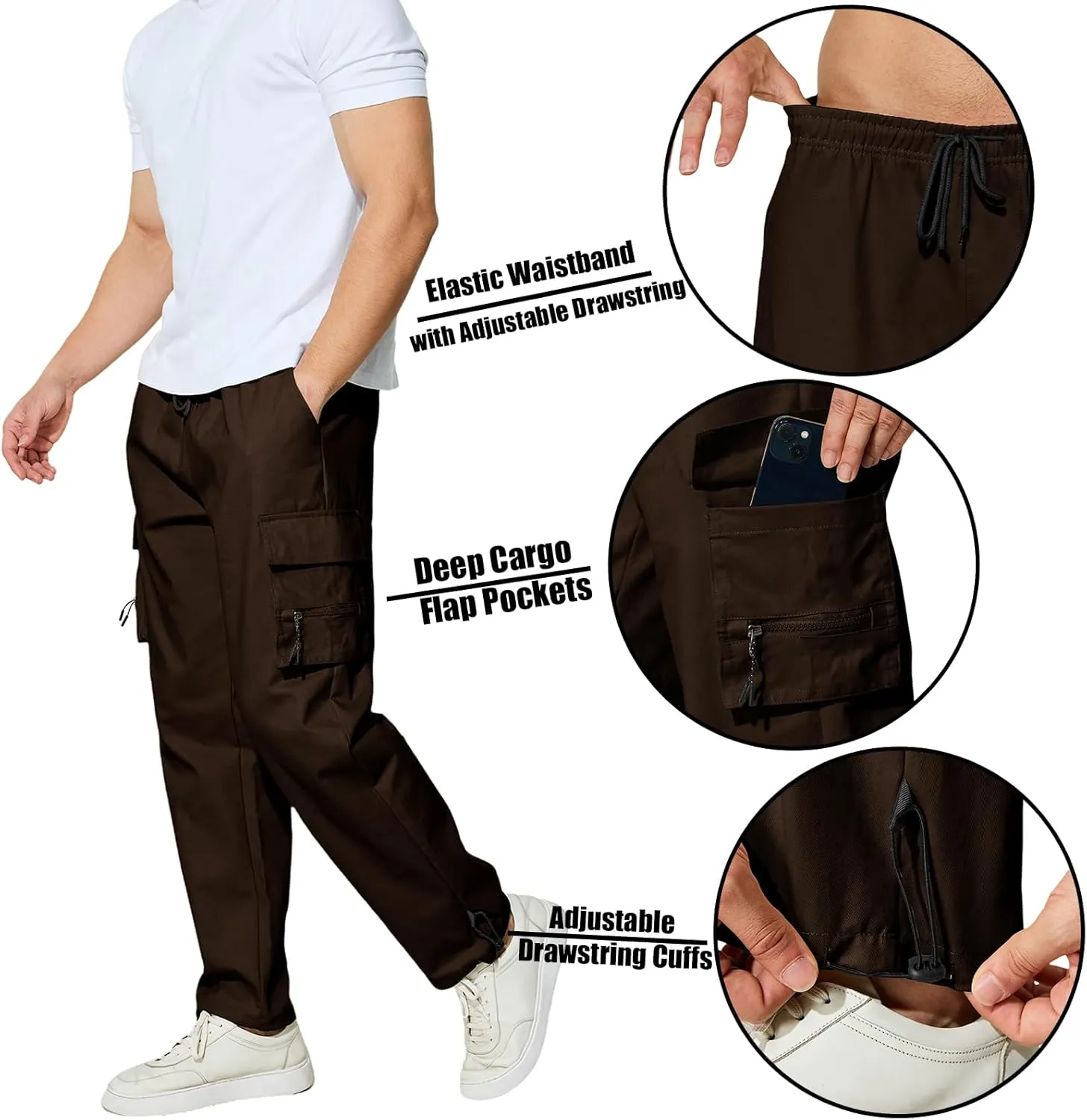Men's Cargo Pants with Pockets Cotton Outdoor Elastic Waist Hiking Pants Casual Baggy Jogger Sweatpants
