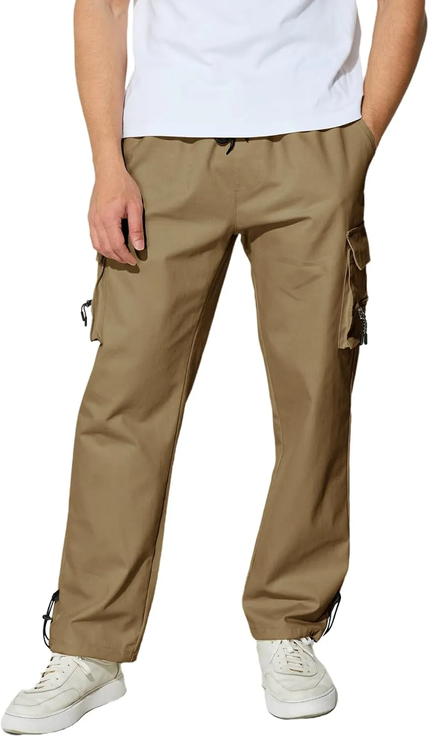 Men's Cargo Pants with Pockets Cotton Outdoor Elastic Waist Hiking Pants Casual Baggy Jogger Sweatpants