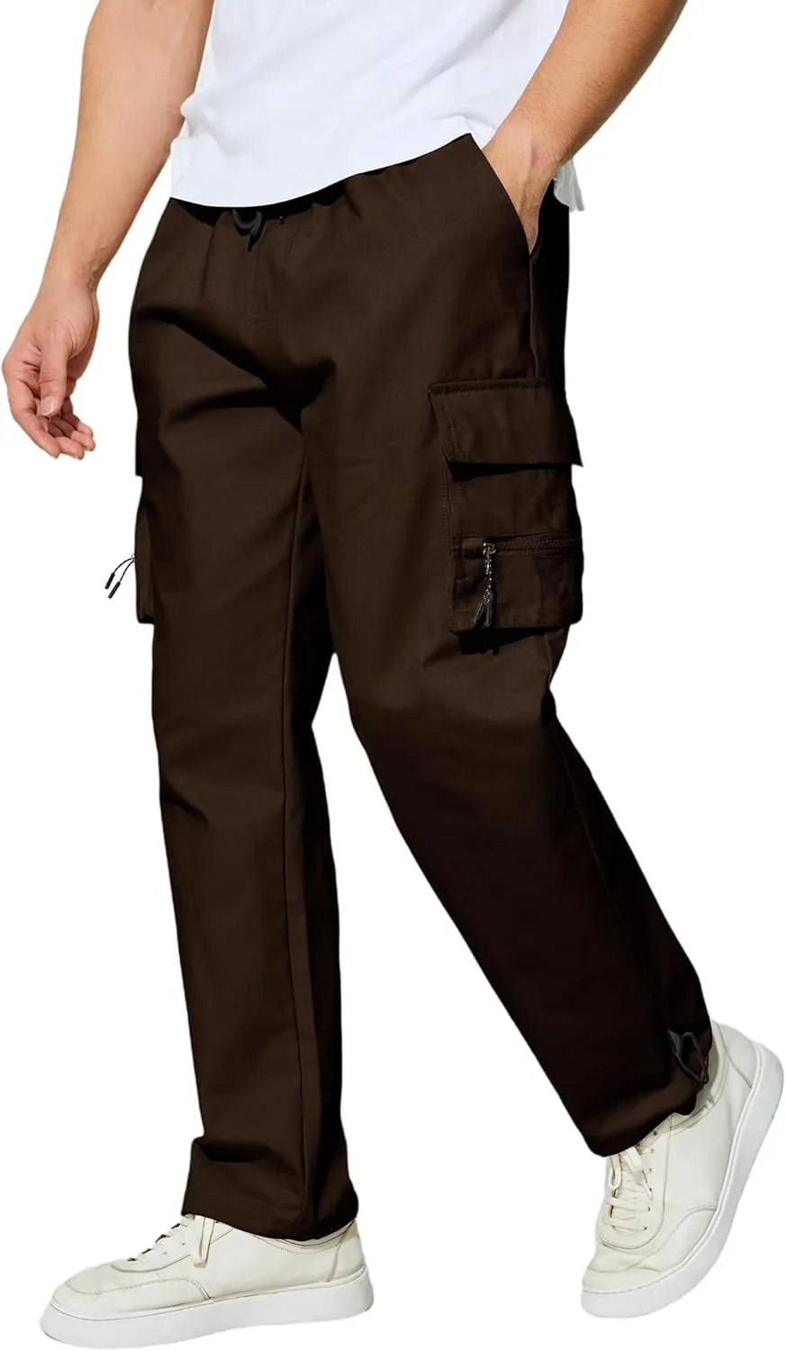 Men's Cargo Pants with Pockets Cotton Outdoor Elastic Waist Hiking Pants Casual Baggy Jogger Sweatpants