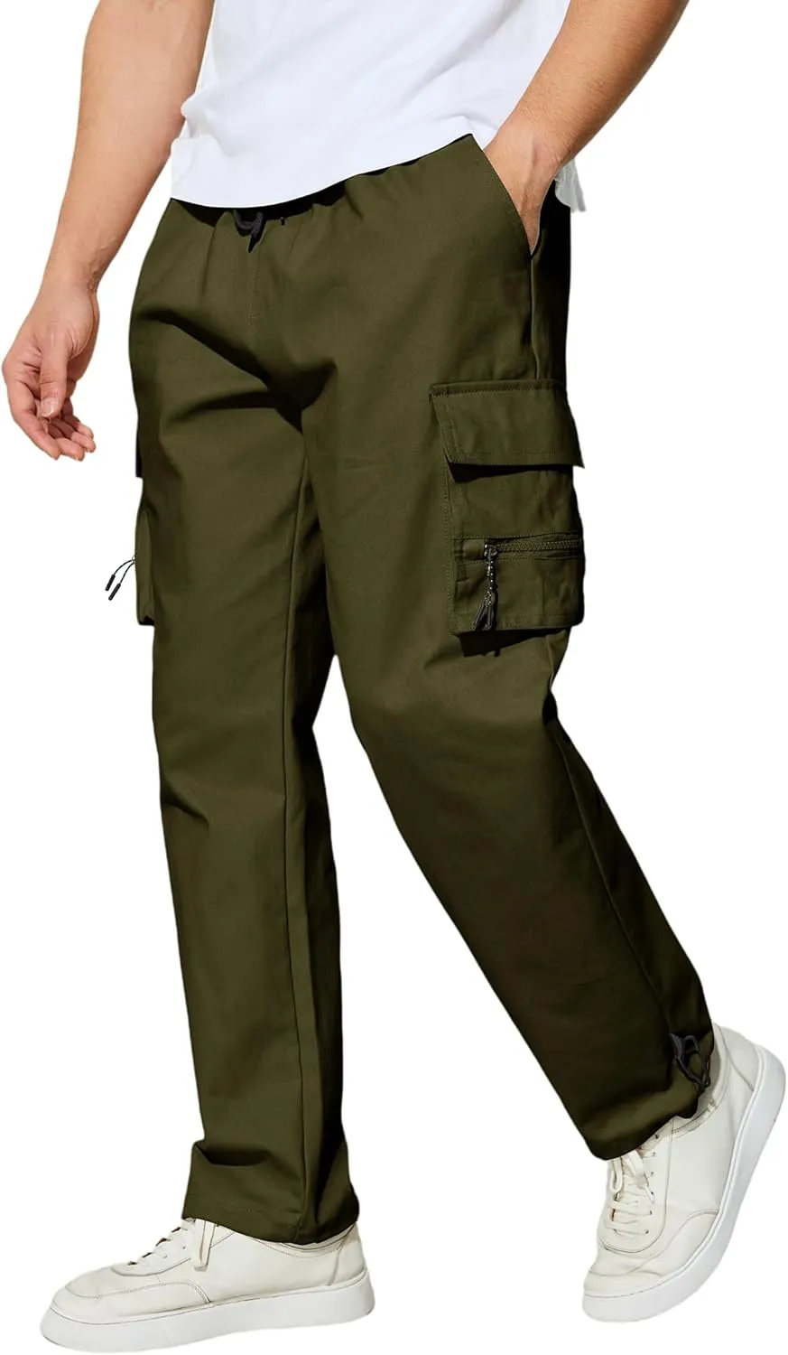 Men's Cargo Pants with Pockets Cotton Outdoor Elastic Waist Hiking Pants Casual Baggy Jogger Sweatpants