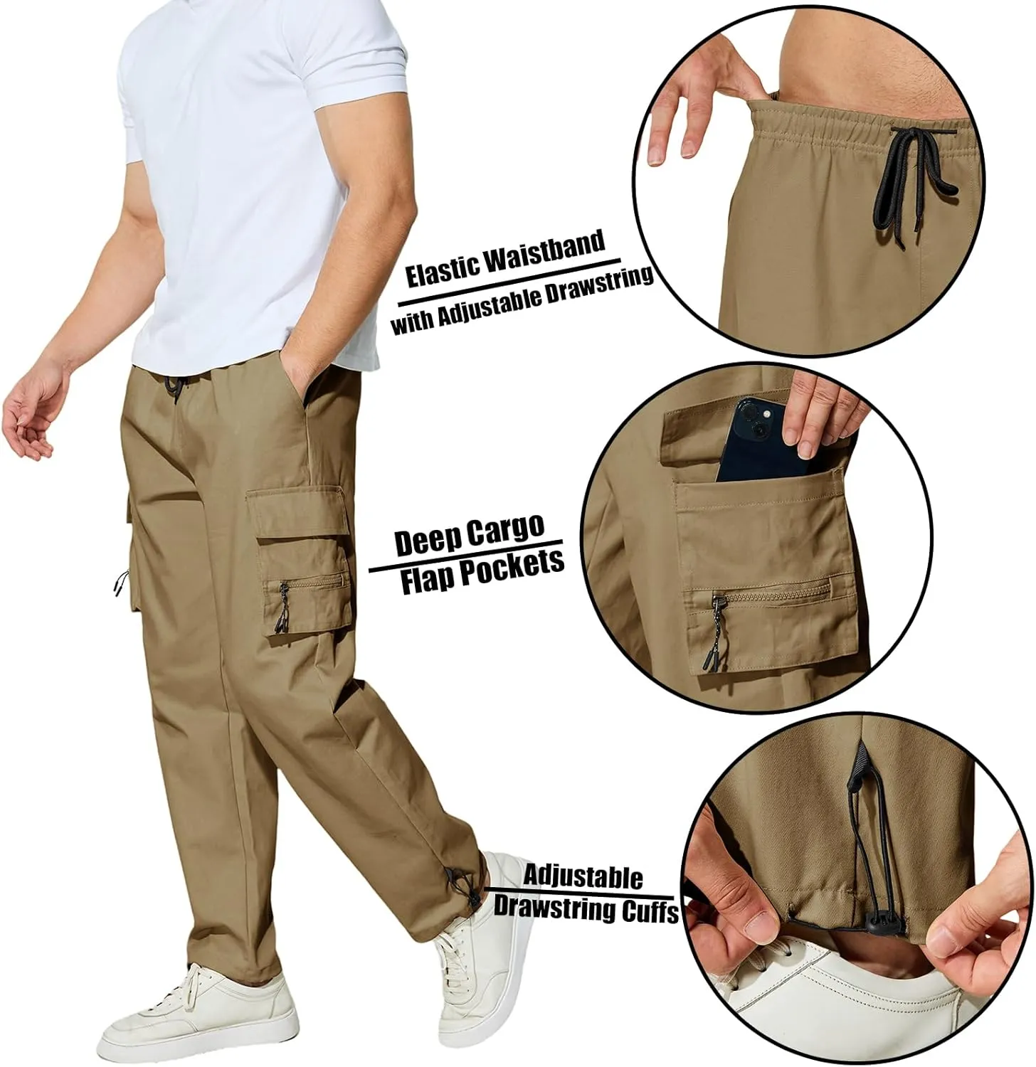 Men's Cargo Pants with Pockets Cotton Outdoor Elastic Waist Hiking Pants Casual Baggy Jogger Sweatpants