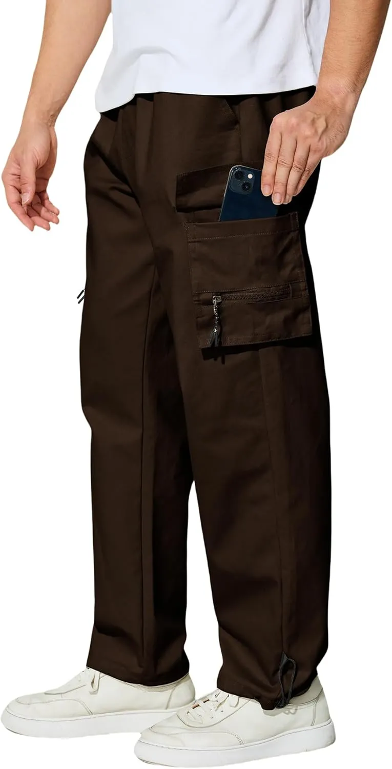Men's Cargo Pants with Pockets Cotton Outdoor Elastic Waist Hiking Pants Casual Baggy Jogger Sweatpants