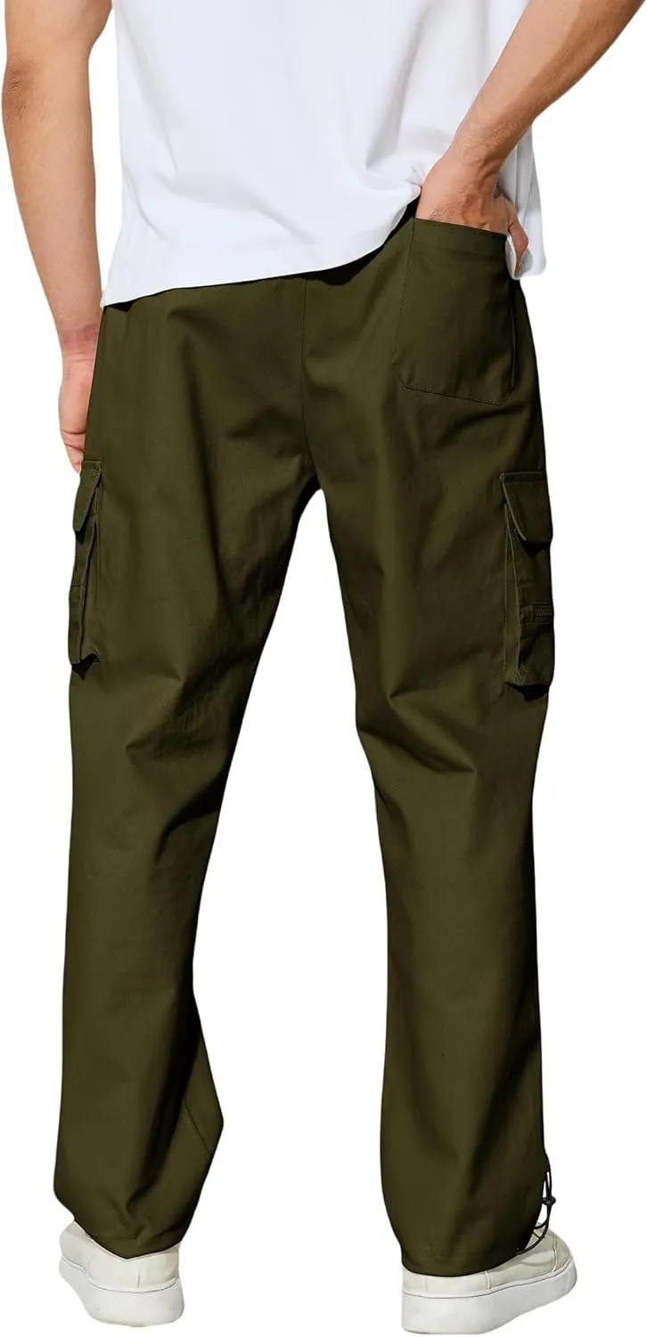 Men's Cargo Pants with Pockets Cotton Outdoor Elastic Waist Hiking Pants Casual Baggy Jogger Sweatpants