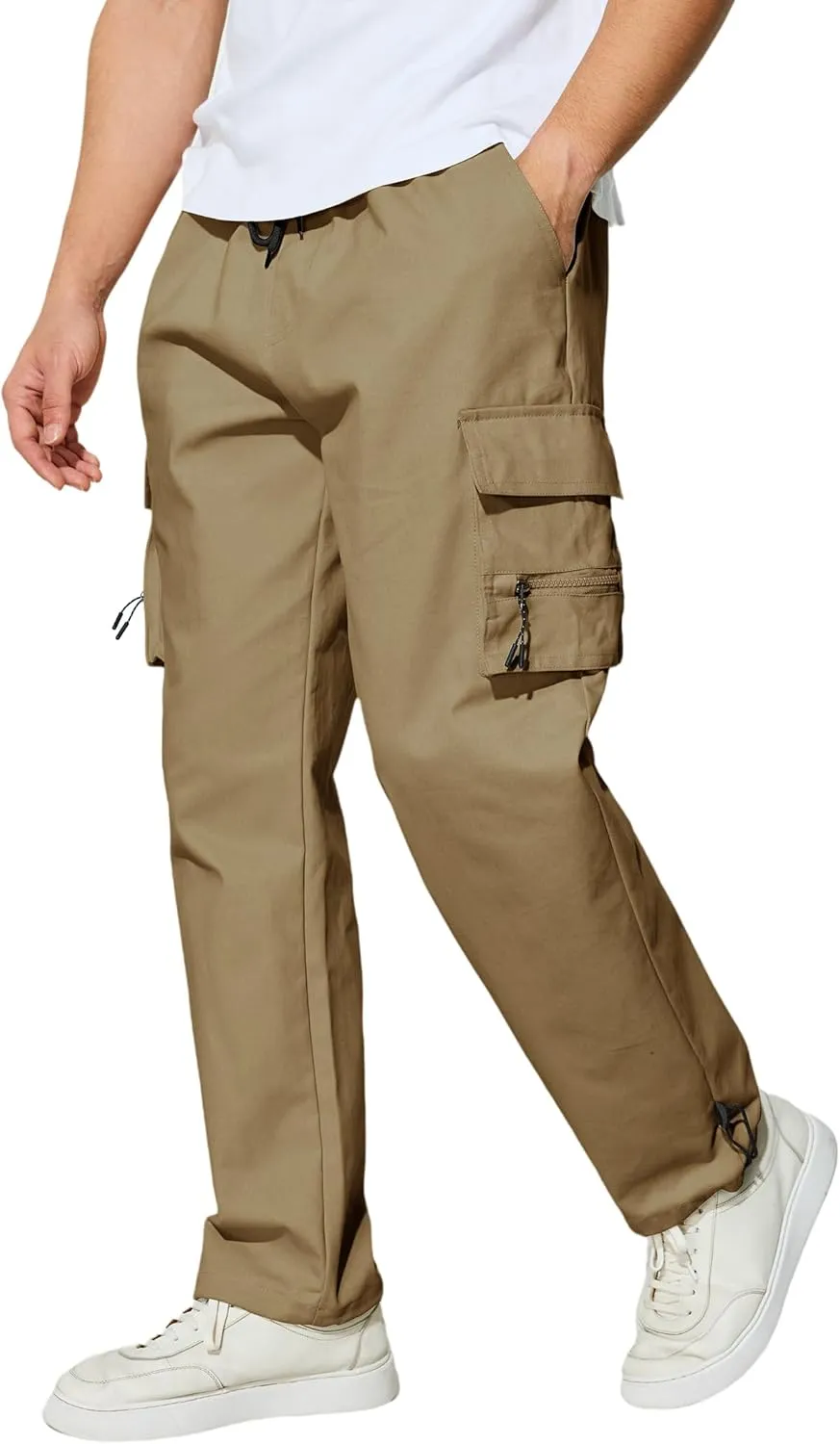 Men's Cargo Pants with Pockets Cotton Outdoor Elastic Waist Hiking Pants Casual Baggy Jogger Sweatpants