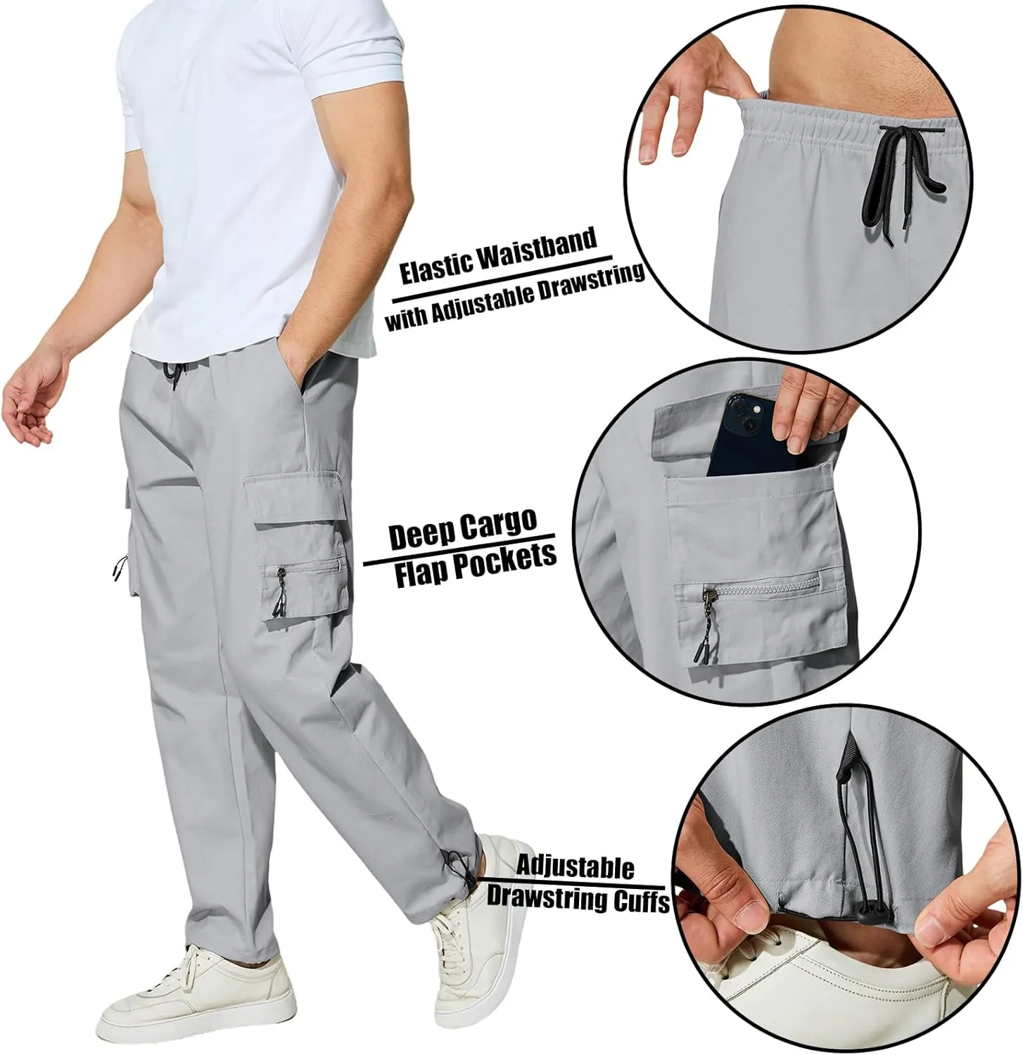 Men's Cargo Pants with Pockets Cotton Outdoor Elastic Waist Hiking Pants Casual Baggy Jogger Sweatpants