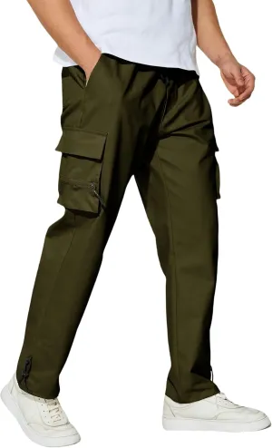 Men's Cargo Pants with Pockets Cotton Outdoor Elastic Waist Hiking Pants Casual Baggy Jogger Sweatpants