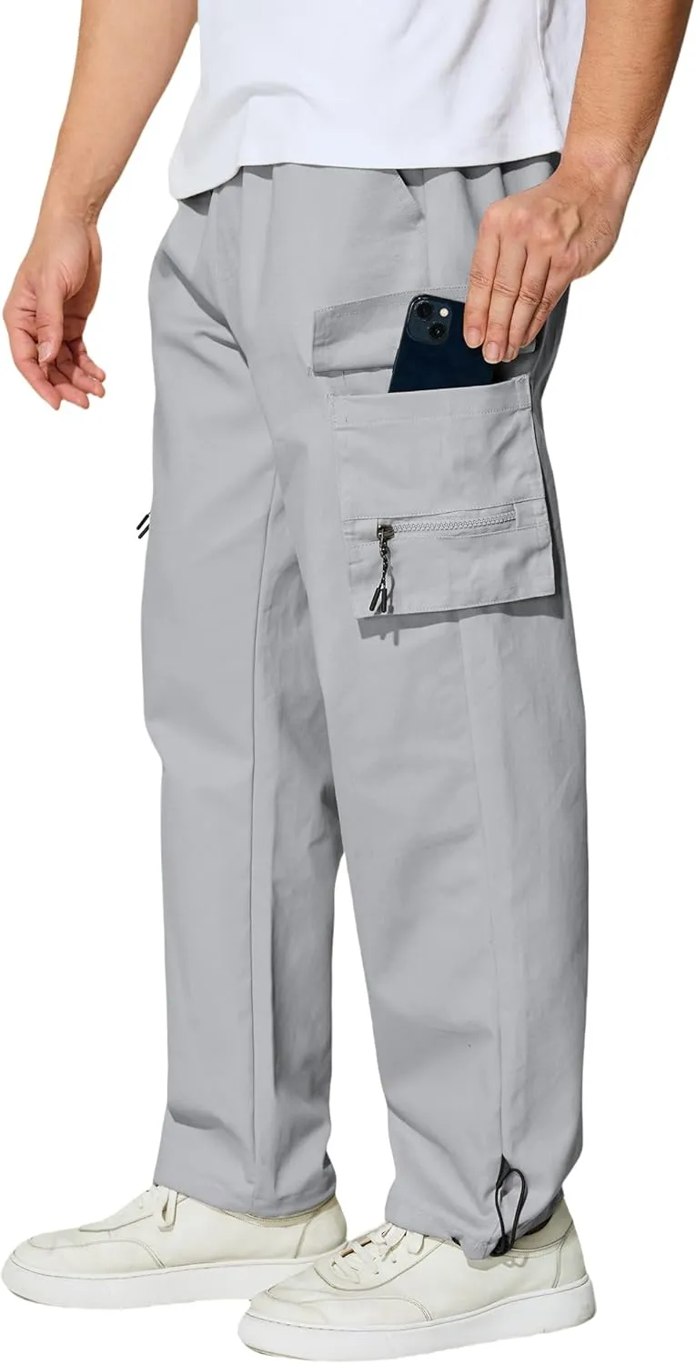 Men's Cargo Pants with Pockets Cotton Outdoor Elastic Waist Hiking Pants Casual Baggy Jogger Sweatpants