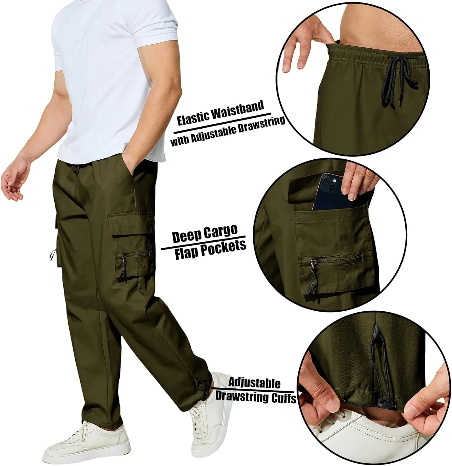 Men's Cargo Pants with Pockets Cotton Outdoor Elastic Waist Hiking Pants Casual Baggy Jogger Sweatpants