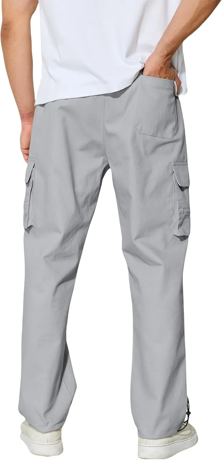 Men's Cargo Pants with Pockets Cotton Outdoor Elastic Waist Hiking Pants Casual Baggy Jogger Sweatpants