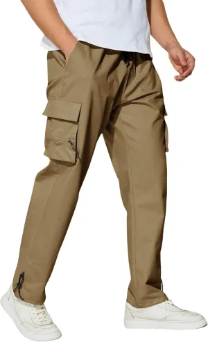 Men's Cargo Pants with Pockets Cotton Outdoor Elastic Waist Hiking Pants Casual Baggy Jogger Sweatpants
