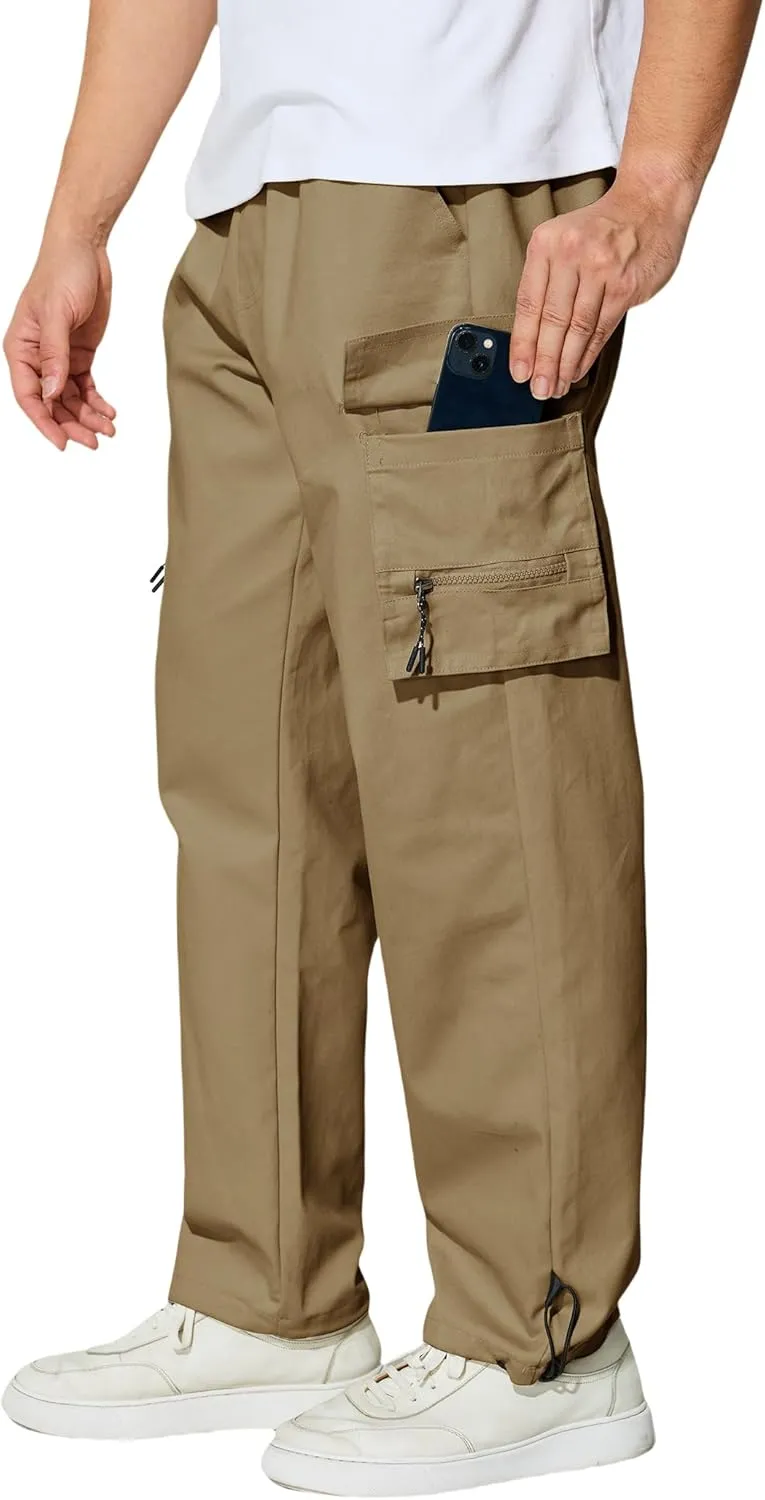 Men's Cargo Pants with Pockets Cotton Outdoor Elastic Waist Hiking Pants Casual Baggy Jogger Sweatpants