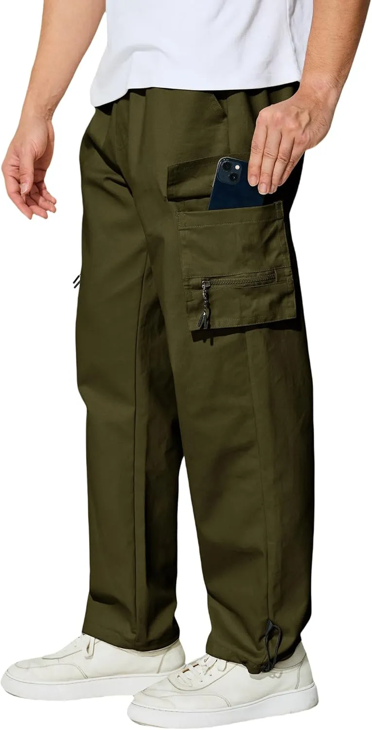 Men's Cargo Pants with Pockets Cotton Outdoor Elastic Waist Hiking Pants Casual Baggy Jogger Sweatpants