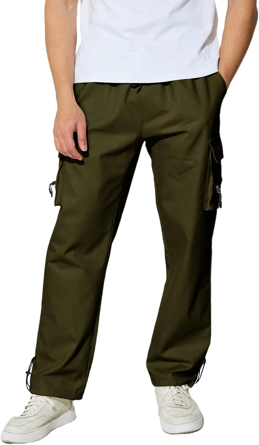 Men's Cargo Pants with Pockets Cotton Outdoor Elastic Waist Hiking Pants Casual Baggy Jogger Sweatpants