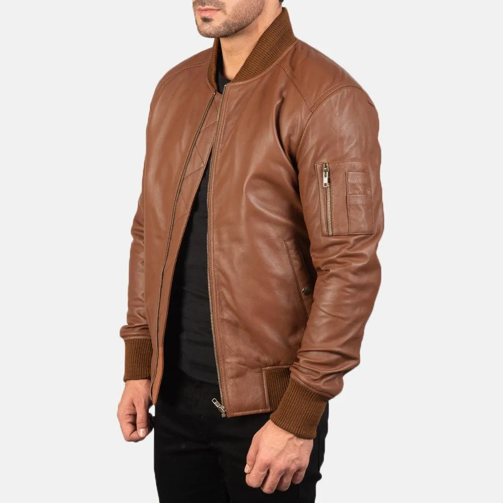 Mens Classic Brown leather Bomber Jacket