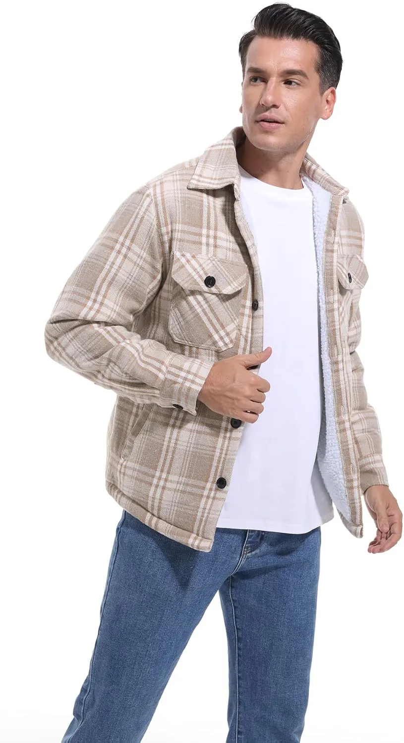 Men's Cotton Flannel Shirt Jacket Fleece Lined Long Sleeve Plaid Shirt for Men