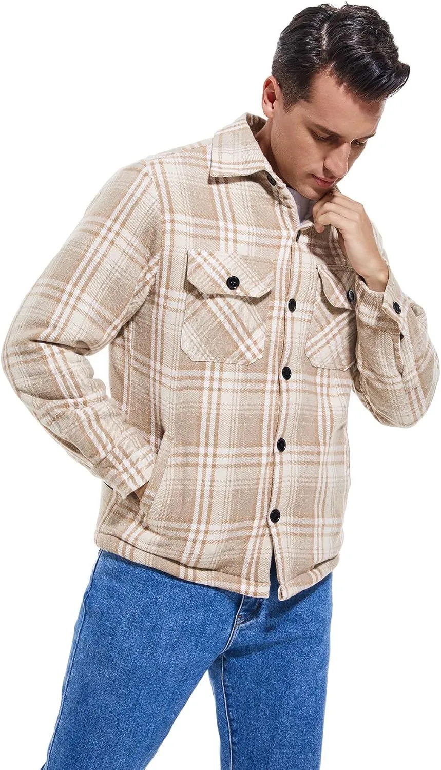 Men's Cotton Flannel Shirt Jacket Fleece Lined Long Sleeve Plaid Shirt for Men