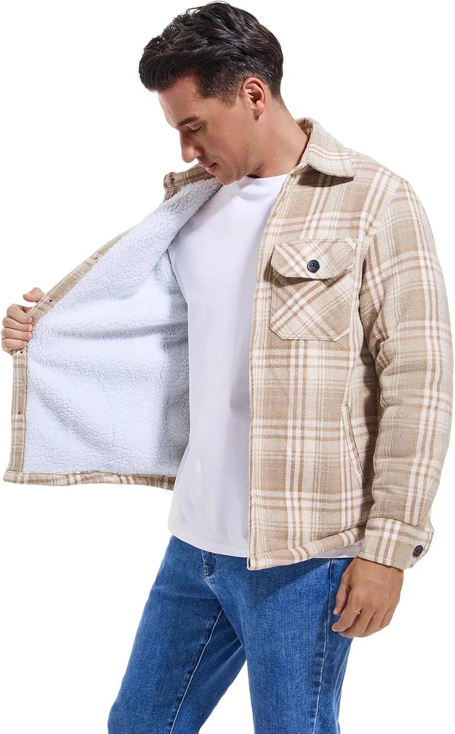 Men's Cotton Flannel Shirt Jacket Fleece Lined Long Sleeve Plaid Shirt for Men