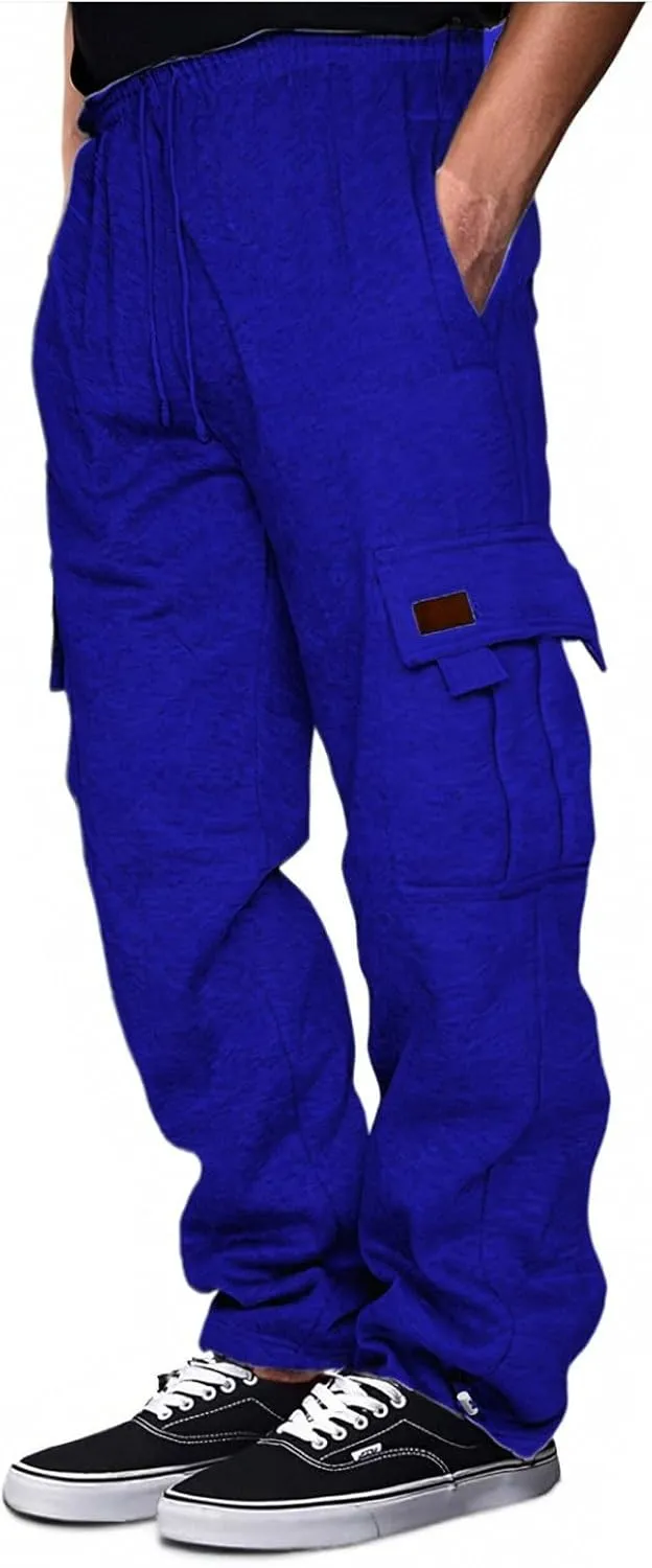 Mens Fleece Sweatpants Heavyweight Baggy Elastic Waist Joggers Fall Winter Drawstring Wide Leg Cargo Pants Pockets