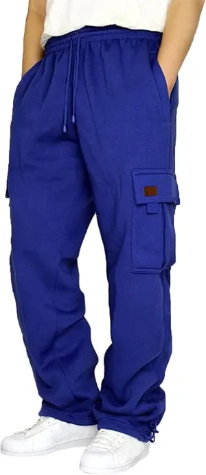 Mens Fleece Sweatpants Heavyweight Baggy Elastic Waist Joggers Fall Winter Drawstring Wide Leg Cargo Pants Pockets