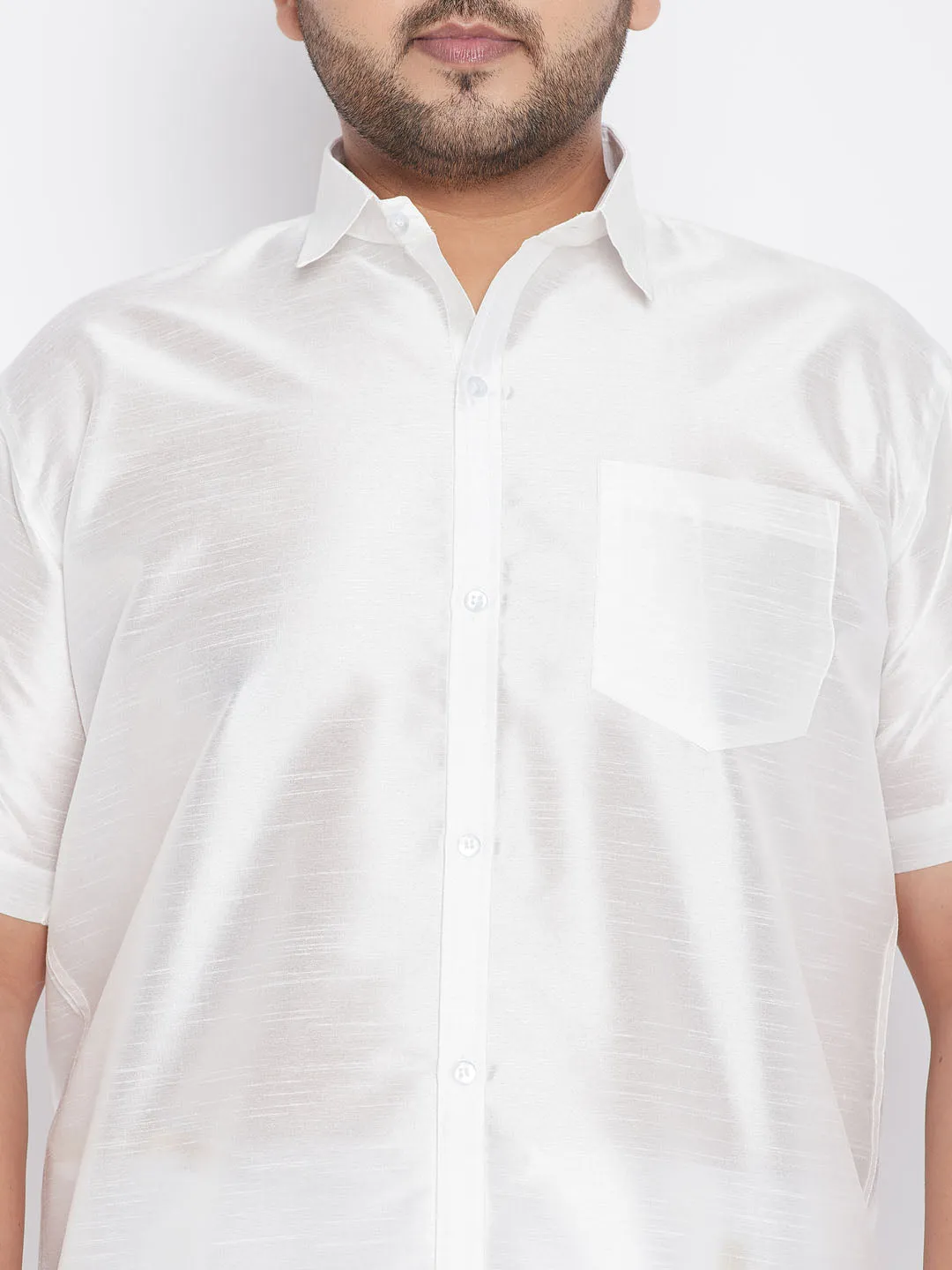 Men's Plus White Silk Blend Shirt And Mundu Set - Vastramay
