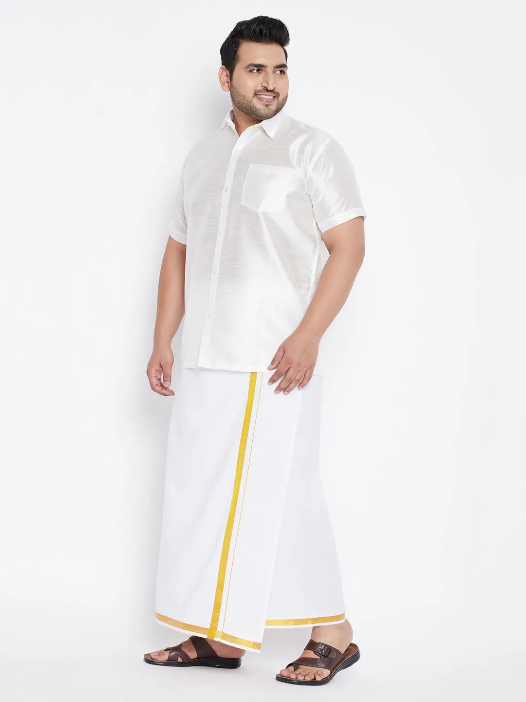Men's Plus White Silk Blend Shirt And Mundu Set - Vastramay