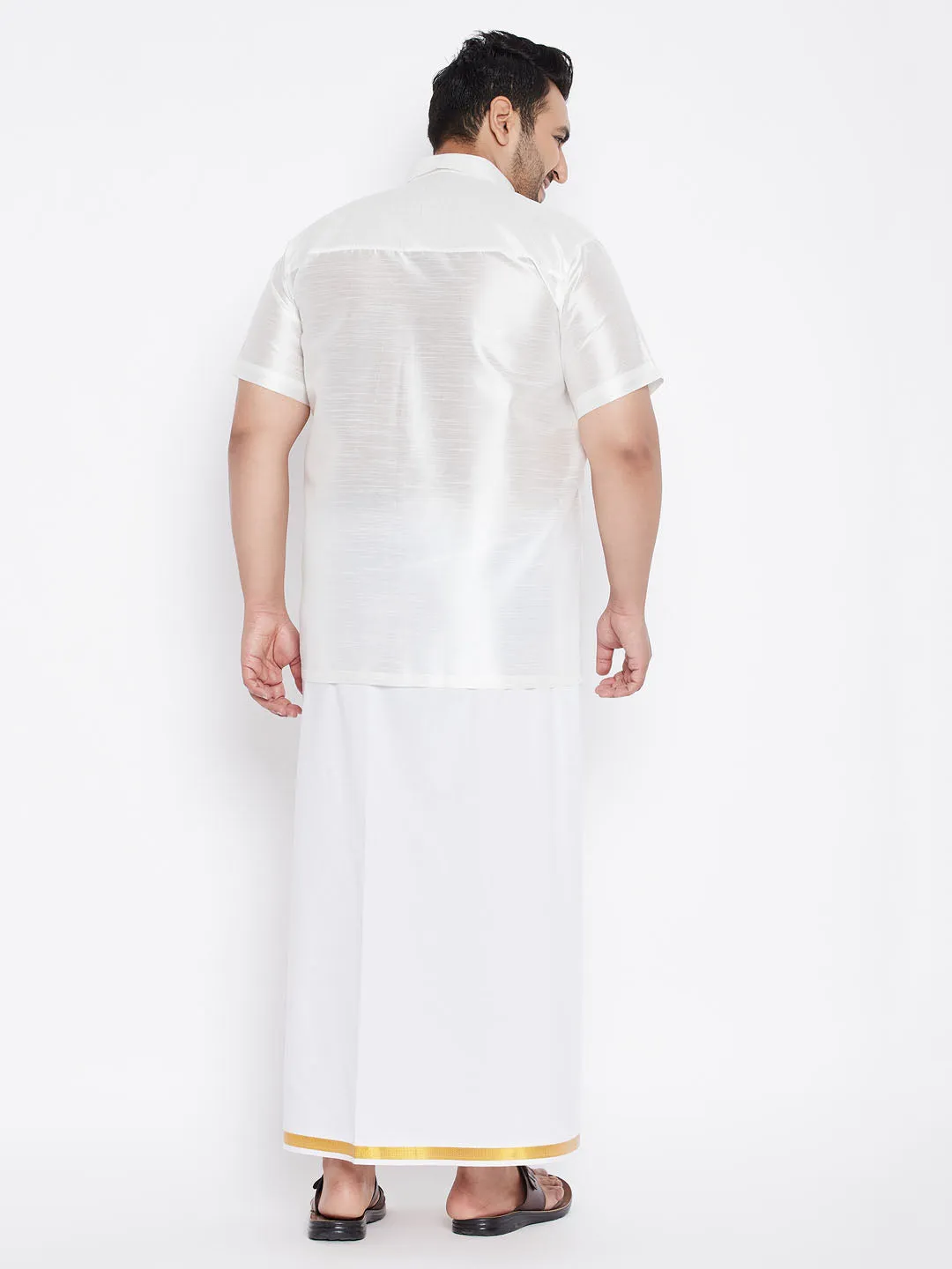 Men's Plus White Silk Blend Shirt And Mundu Set - Vastramay