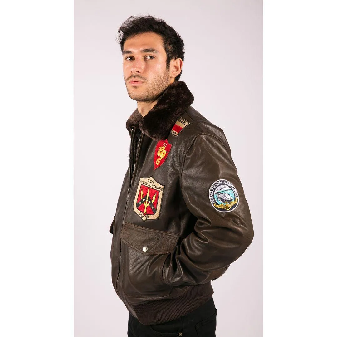 Mens Real Leather US Aviator Air Force Pilot Flying Bomber Jacket Brown Fur Collar