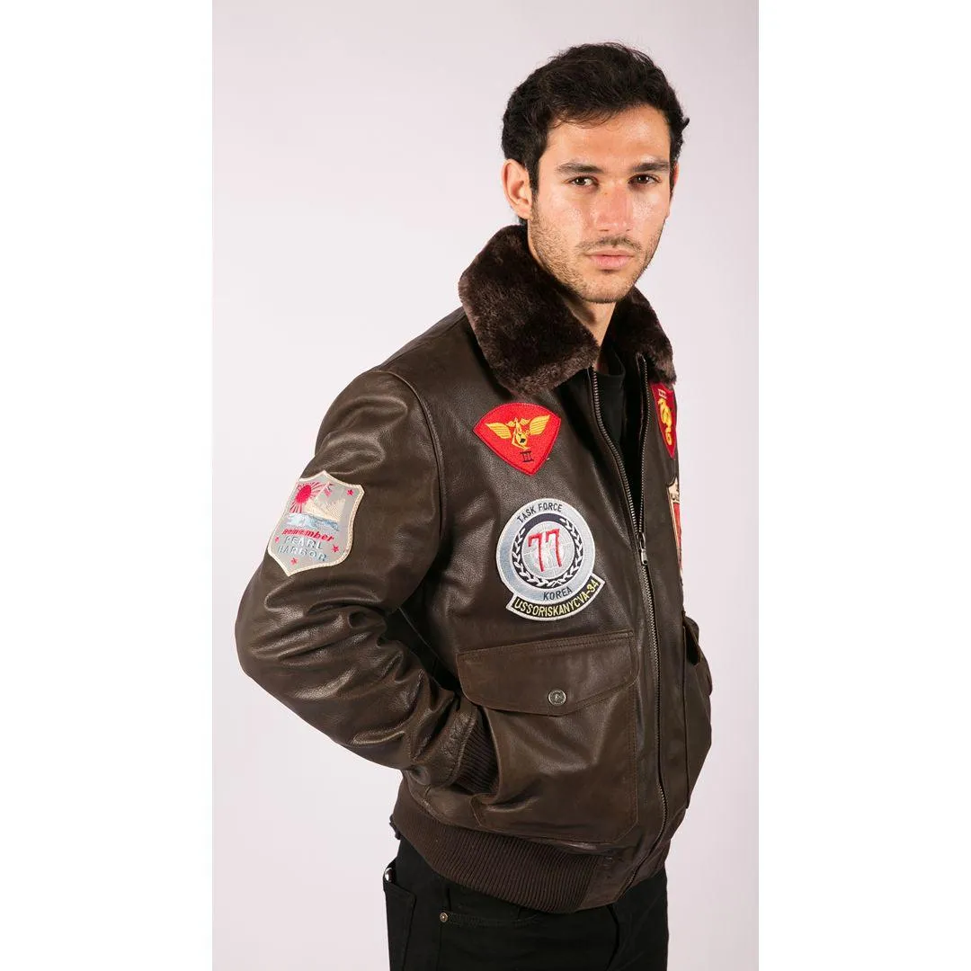 Mens Real Leather US Aviator Air Force Pilot Flying Bomber Jacket Brown Fur Collar