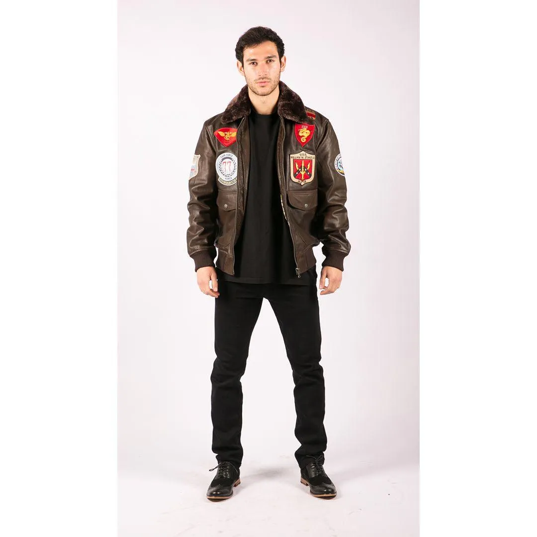 Mens Real Leather US Aviator Air Force Pilot Flying Bomber Jacket Brown Fur Collar