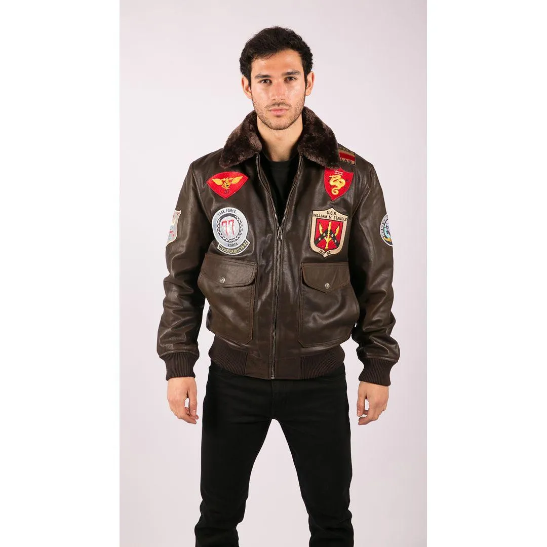 Mens Real Leather US Aviator Air Force Pilot Flying Bomber Jacket Brown Fur Collar