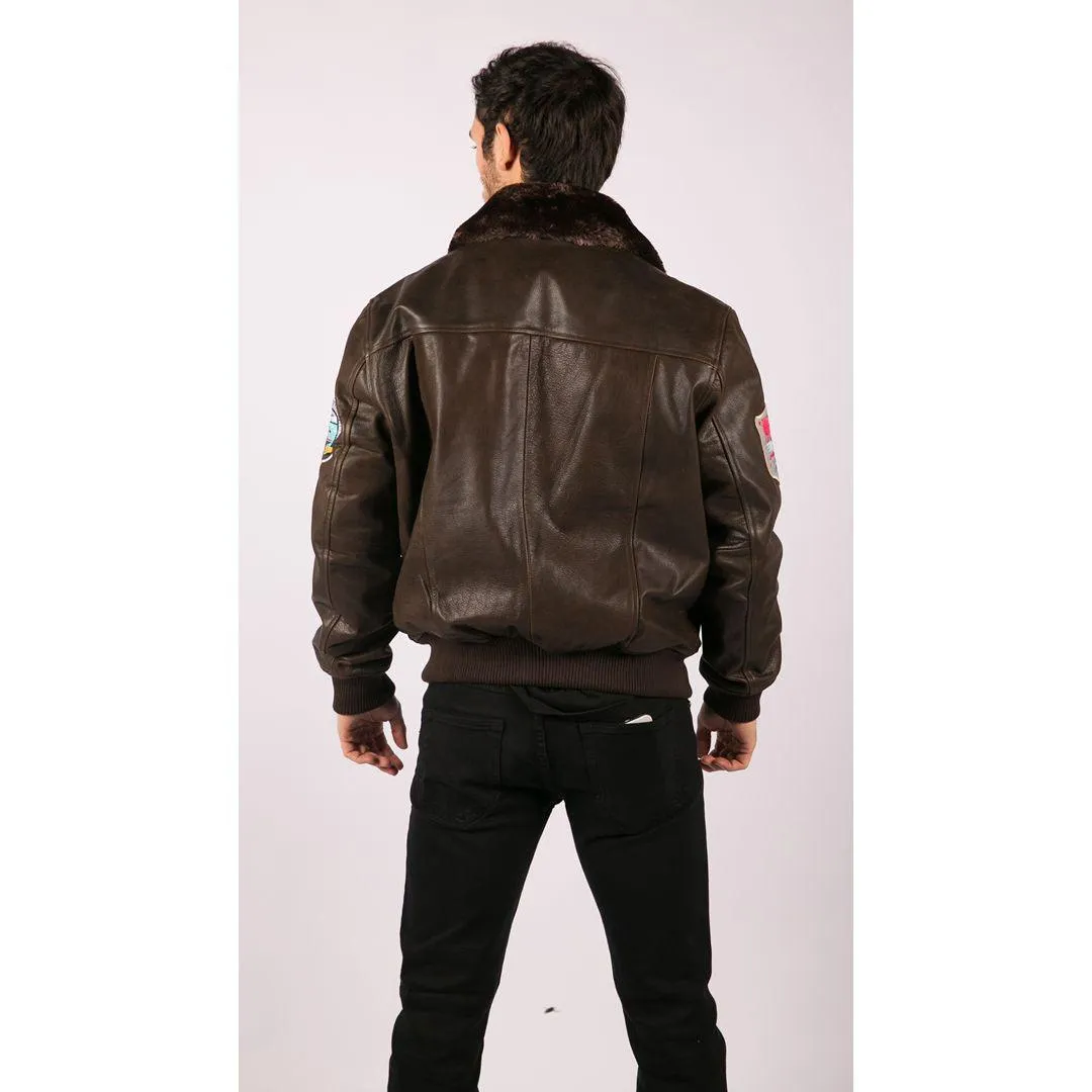 Mens Real Leather US Aviator Air Force Pilot Flying Bomber Jacket Brown Fur Collar