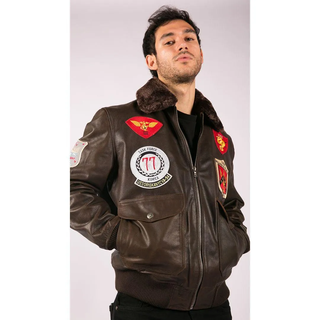 Mens Real Leather US Aviator Air Force Pilot Flying Bomber Jacket Brown Fur Collar