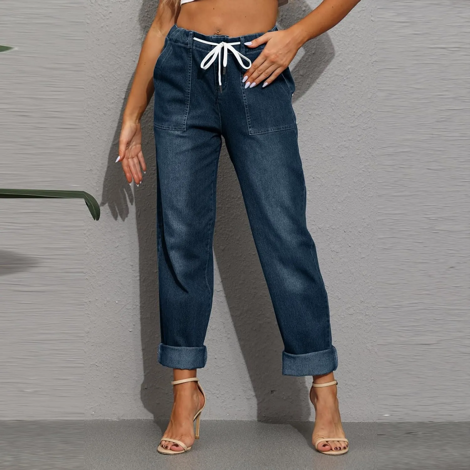 midelxp Stretchy Straight Leg Jeans for Women Baggy Drawstring Elastic Waist Jeans Y2k Boyfriend Denim Pants with Pockets