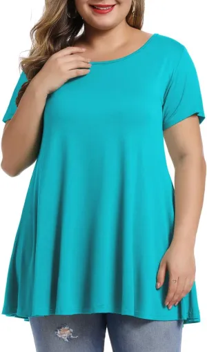 MONNURO Womens Short Sleeve Casual Loose Fit Flare Swing Tunic Tops Basic T-Shirt Plus Size