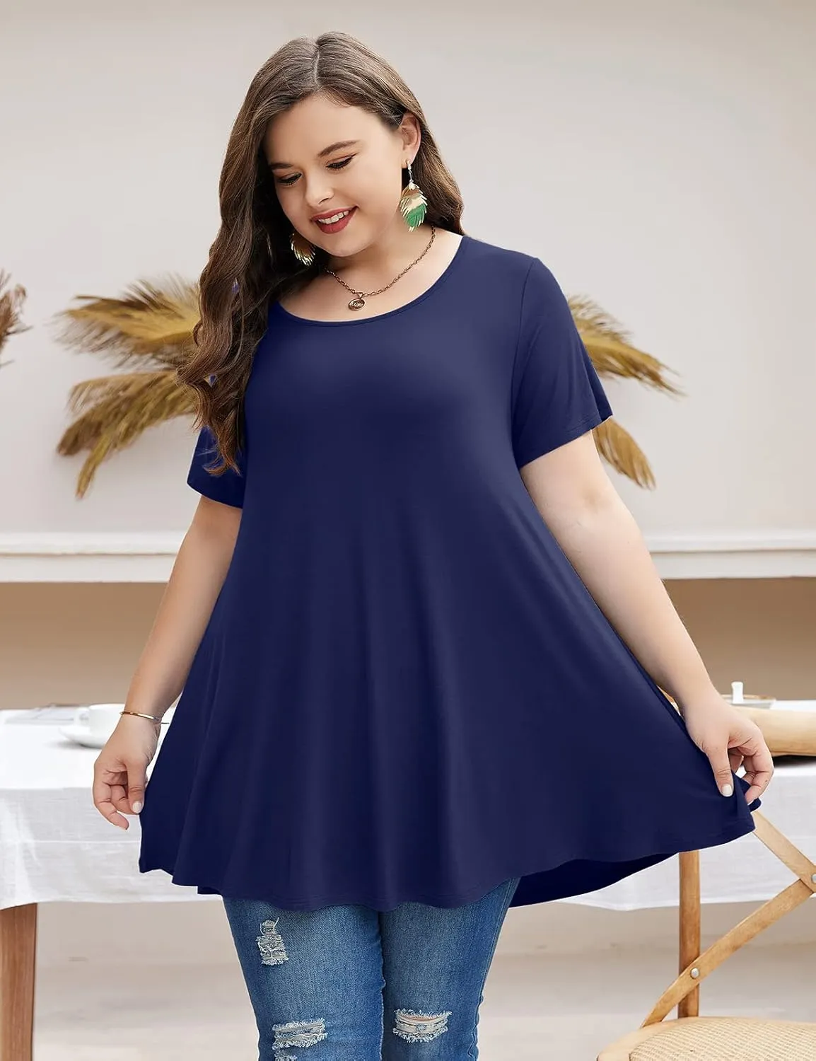 MONNURO Womens Short Sleeve Casual Loose Fit Flare Swing Tunic Tops Basic T-Shirt Plus Size