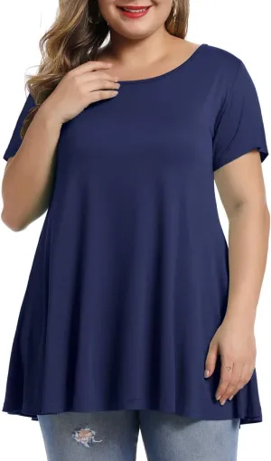 MONNURO Womens Short Sleeve Casual Loose Fit Flare Swing Tunic Tops Basic T-Shirt Plus Size