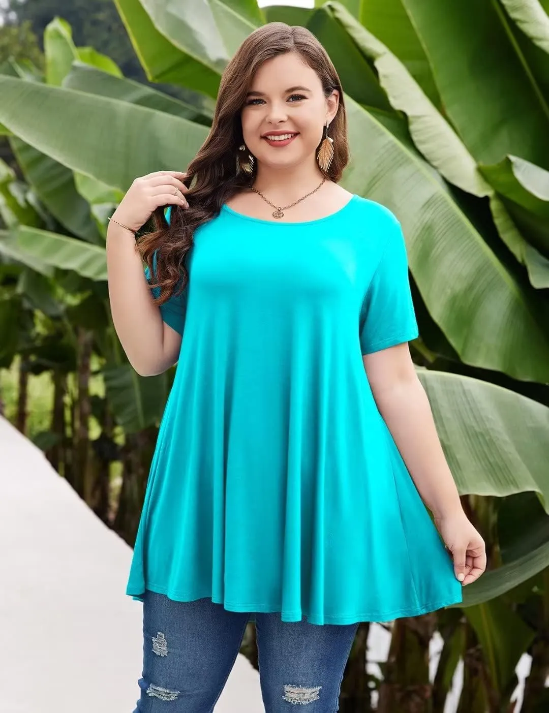 MONNURO Womens Short Sleeve Casual Loose Fit Flare Swing Tunic Tops Basic T-Shirt Plus Size