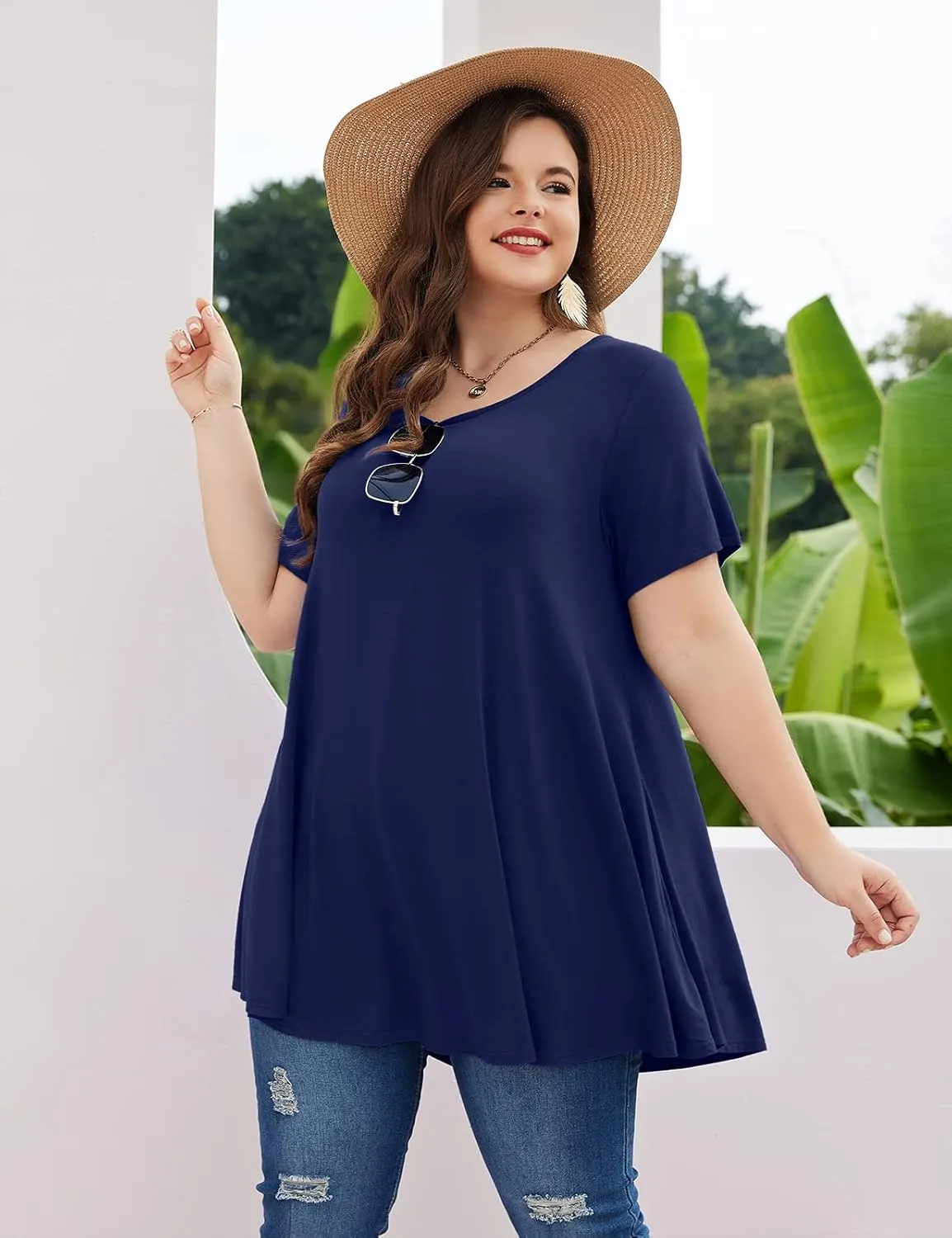 MONNURO Womens Short Sleeve Casual Loose Fit Flare Swing Tunic Tops Basic T-Shirt Plus Size