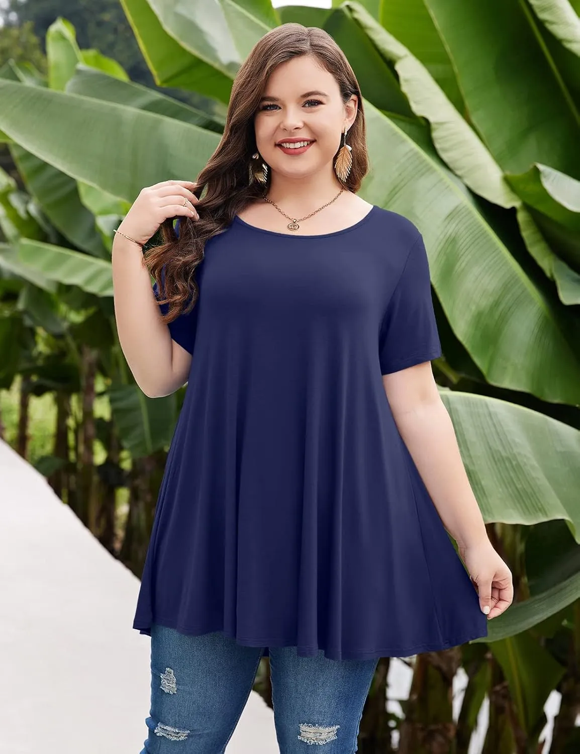 MONNURO Womens Short Sleeve Casual Loose Fit Flare Swing Tunic Tops Basic T-Shirt Plus Size