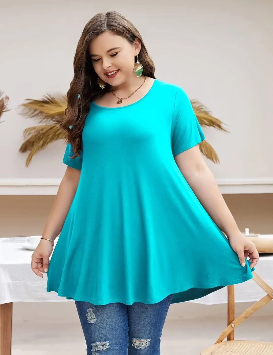 MONNURO Womens Short Sleeve Casual Loose Fit Flare Swing Tunic Tops Basic T-Shirt Plus Size