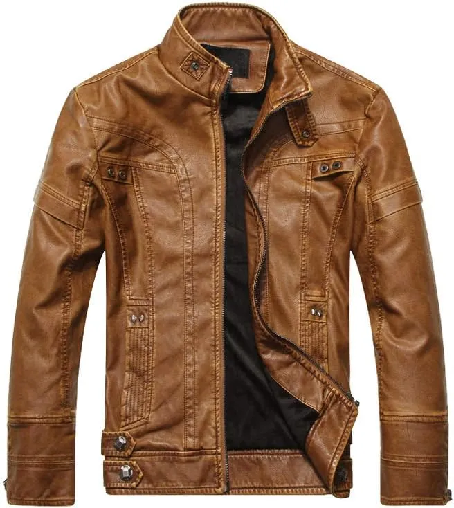 PASOK Men's Faux Leather Jacket Vintage Stand Collar Motorcycle PU Leather Outwear Coat