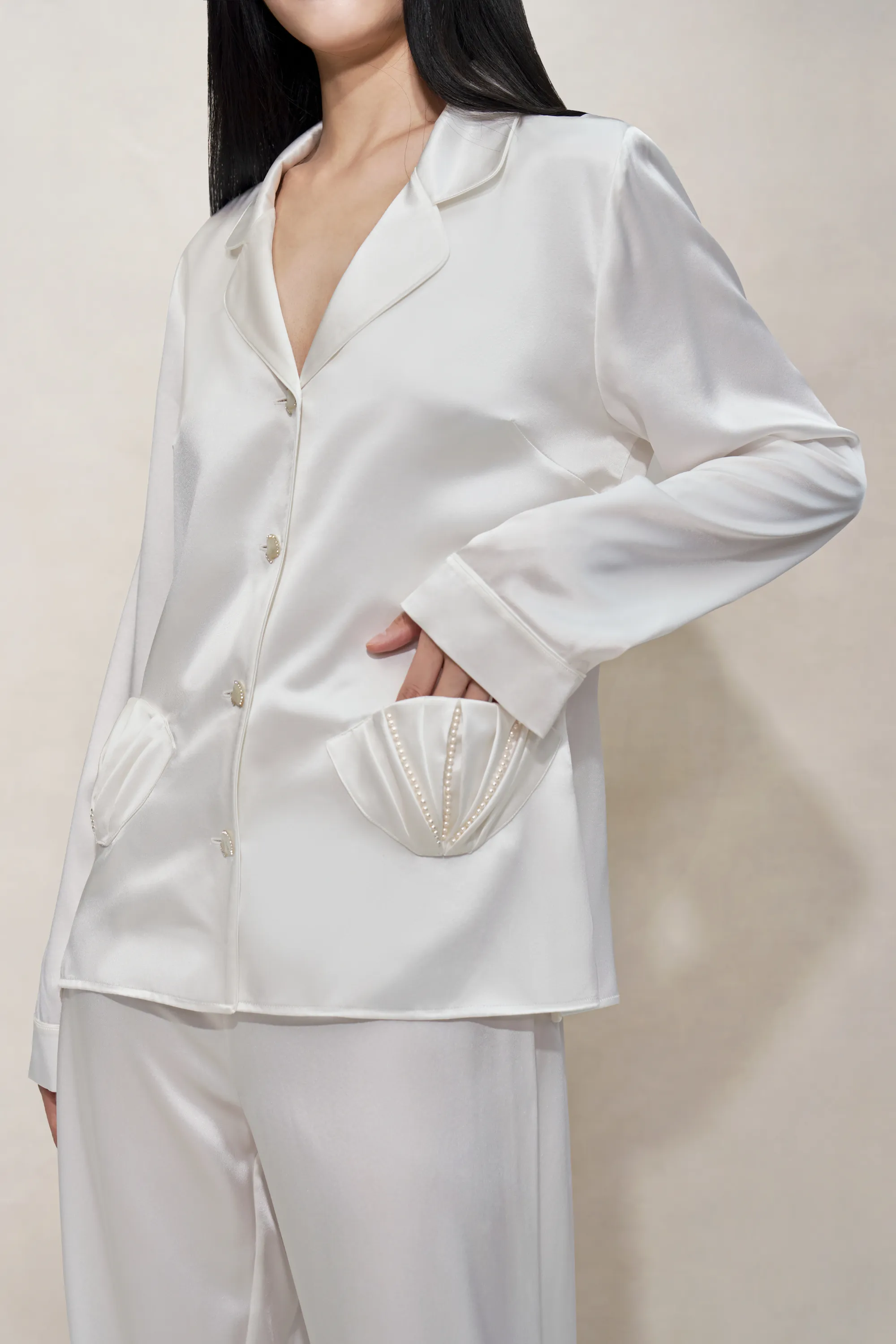 Pearl White Shell Button Silk Pyjama Shirt