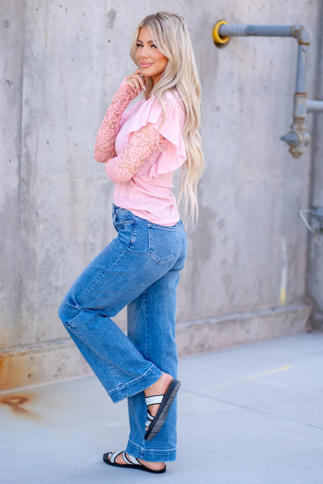 Permissible High Rise Wide Leg Jeans with Trouser Hem Detail