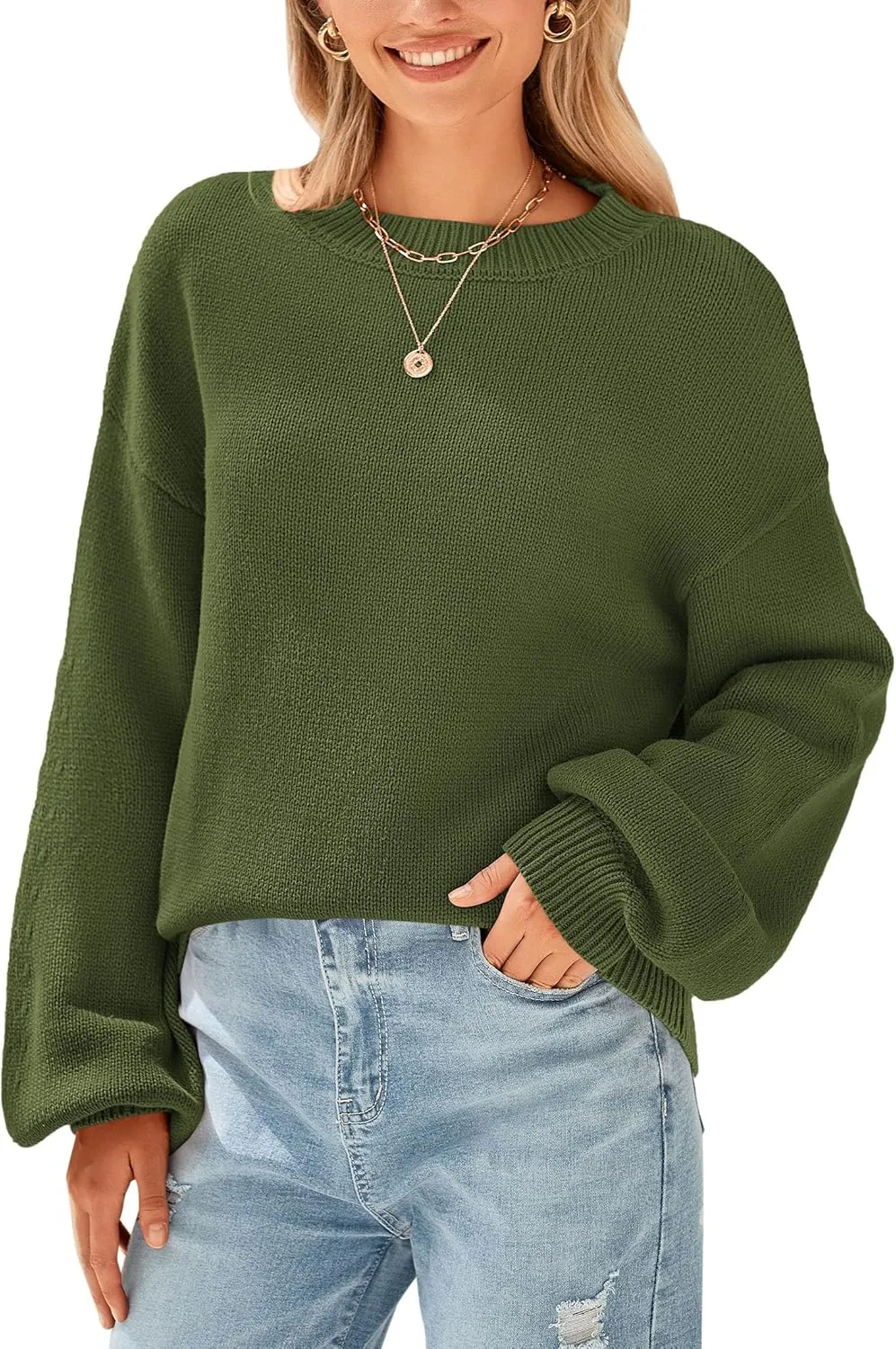 PRETTYGARDEN Women's 2024 Winter Chunky Knit Sweater Casual Long Lantern Sleeve Crewneck Pullover Jumper Tops